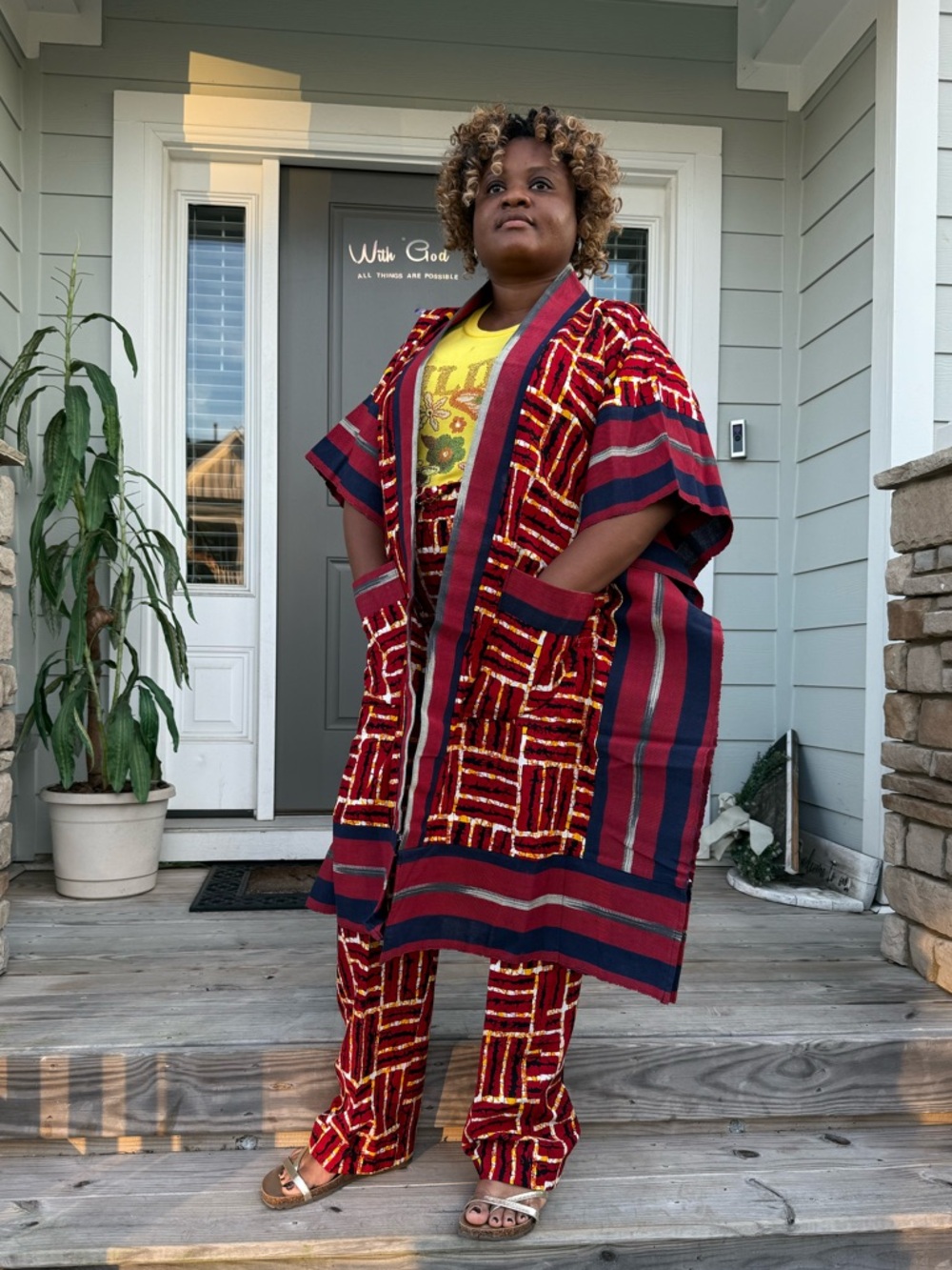 Modern Style African Print Ankara Aso-Oke/Kente Kimono 2p Pant Set